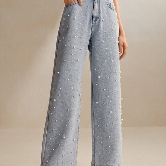 Teal Blue Casual Women's Pearl Decorated Denim Straight-Leg Pants - Picture 5 of 6